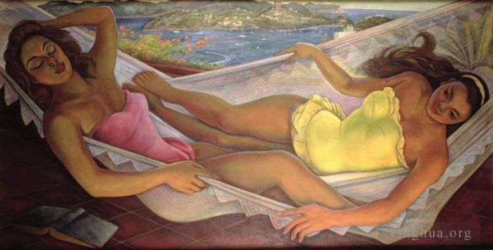 Diego Rivera's Contemporary Oil Painting - The hammock 1956