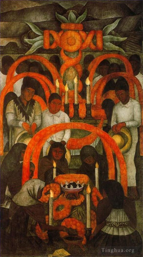 Diego Rivera's Contemporary Oil Painting - The sacrificial offering day of the dead 1924