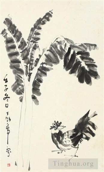 Ding Yanyong's Contemporary Chinese Painting - Cock and banana leaves