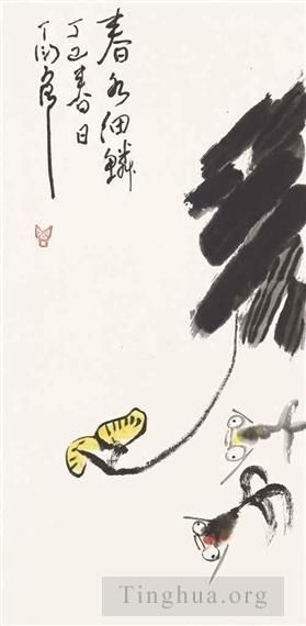 Contemporary Chinese Painting - Goldfish and flowers in spring 1977