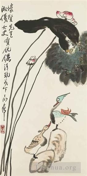 Ding Yanyong's Contemporary Chinese Painting - Lotus frogs and mandarin ducks 1978