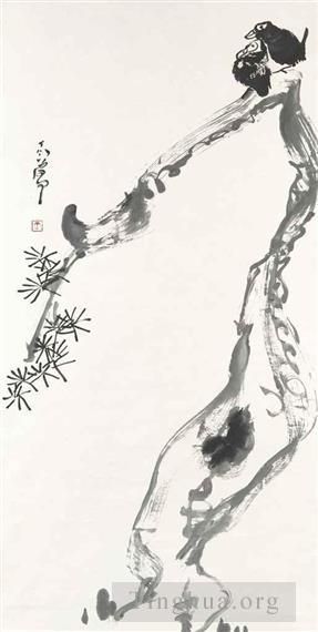 Ding Yanyong's Contemporary Chinese Painting - Mynahs on pine tree