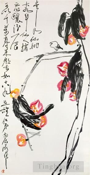 Ding Yanyong's Contemporary Chinese Painting - Nine peaches and a bird
