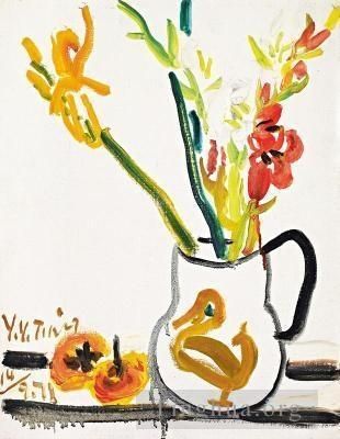 Ding Yanyong's Contemporary Chinese Painting - Persimmons and flowers 1971