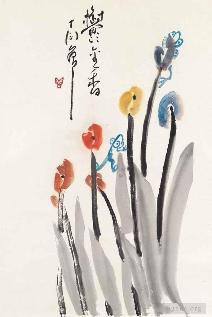 Ding Yanyong's Contemporary Chinese Painting - Tadpoles on tulips