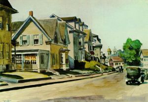 Contemporary Oil Painting - Sun on prospect street gloucester massachusetts 1934