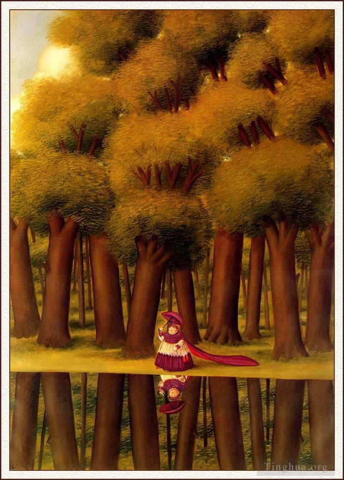 Fernando Botero's Contemporary Oil Painting - A Stroll by the Lakeside