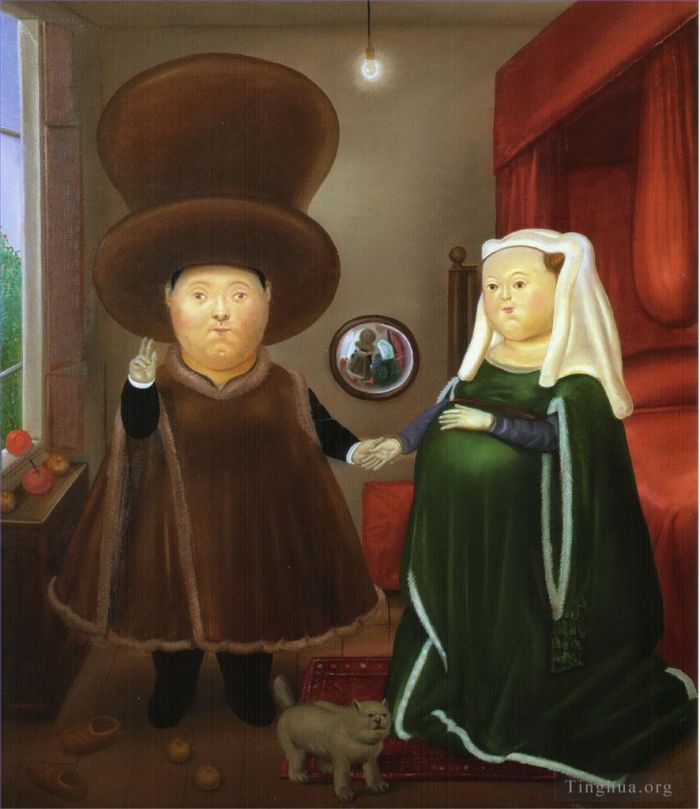 Fernando Botero's Contemporary Oil Painting - After the Arnolfini Van Eyck