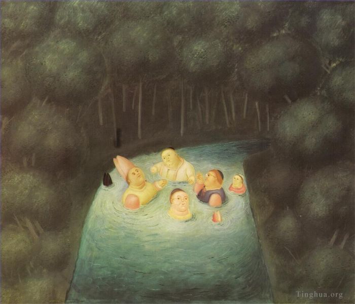Fernando Botero's Contemporary Oil Painting - Bathing Bishops in a River