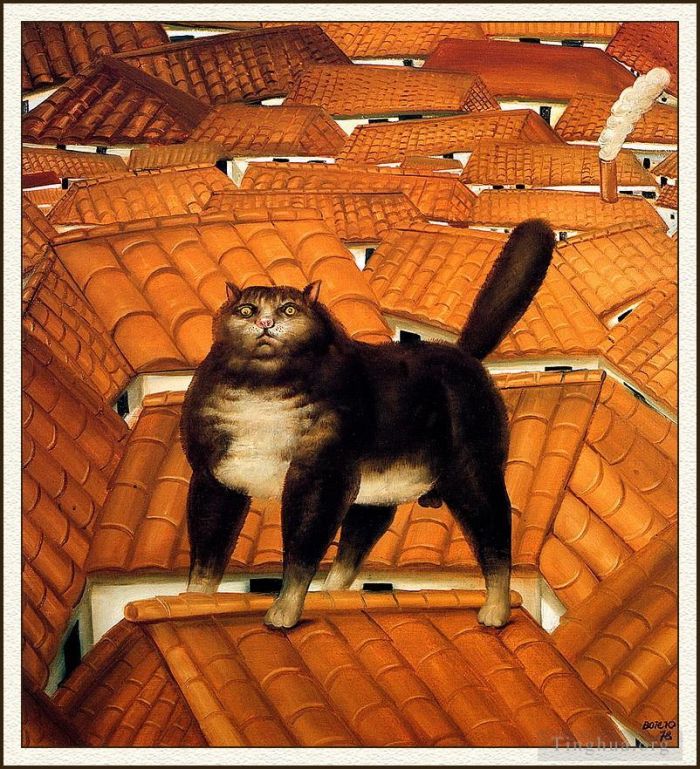 Fernando Botero's Contemporary Oil Painting - Cat on a Roof