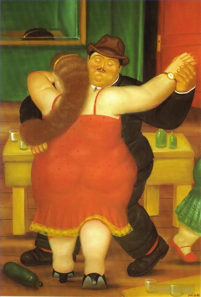 Fernando Botero's Contemporary Oil Painting - Couple Dancing