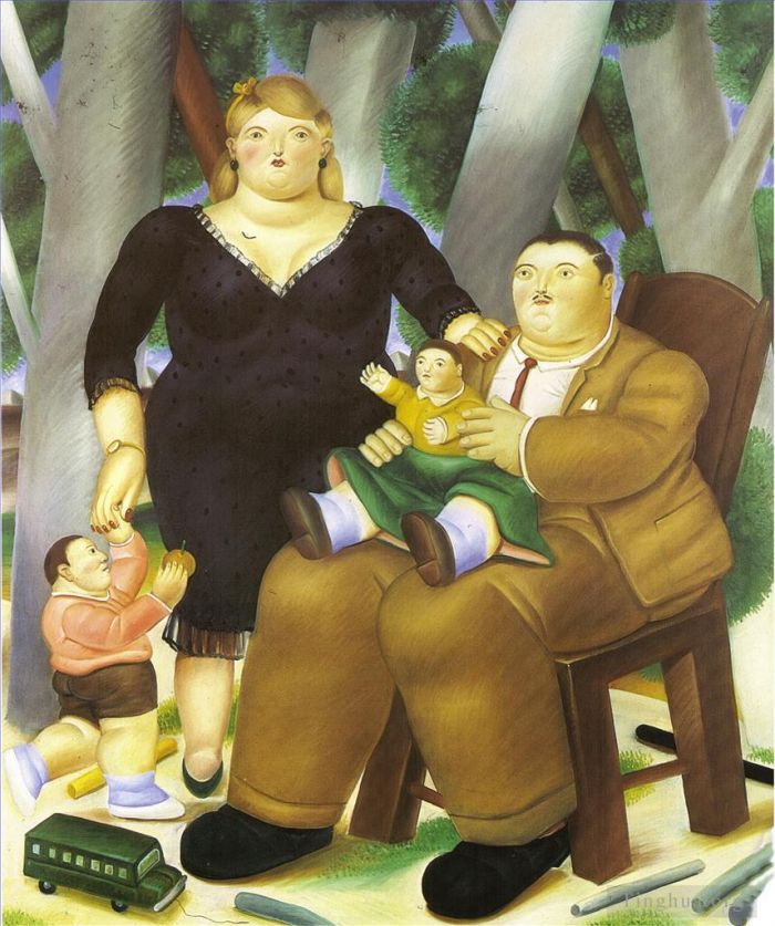 Fernando Botero's Contemporary Oil Painting - Family
