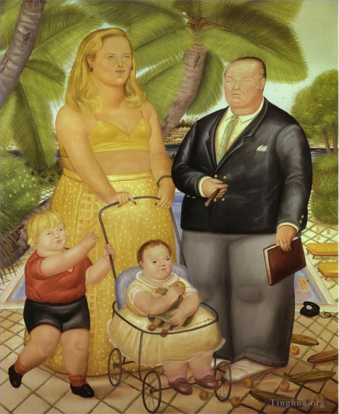 Fernando Botero's Contemporary Oil Painting - Frank Lloyd and His Family in Paradise Island