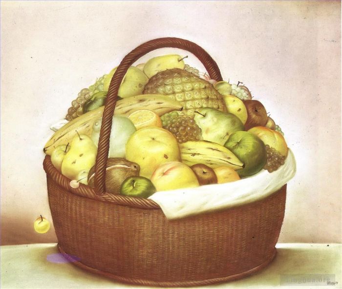 Fernando Botero's Contemporary Oil Painting - Fruit Basket