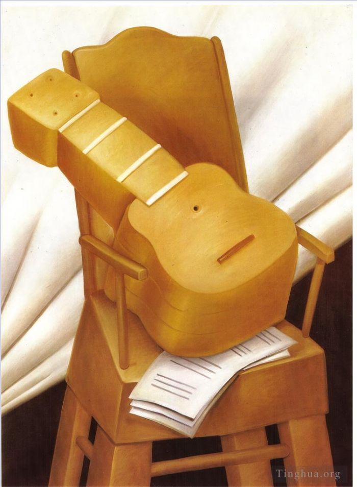 Fernando Botero's Contemporary Oil Painting - Guitar and Chair