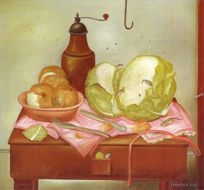 Fernando Botero's Contemporary Oil Painting - Kitchen Table