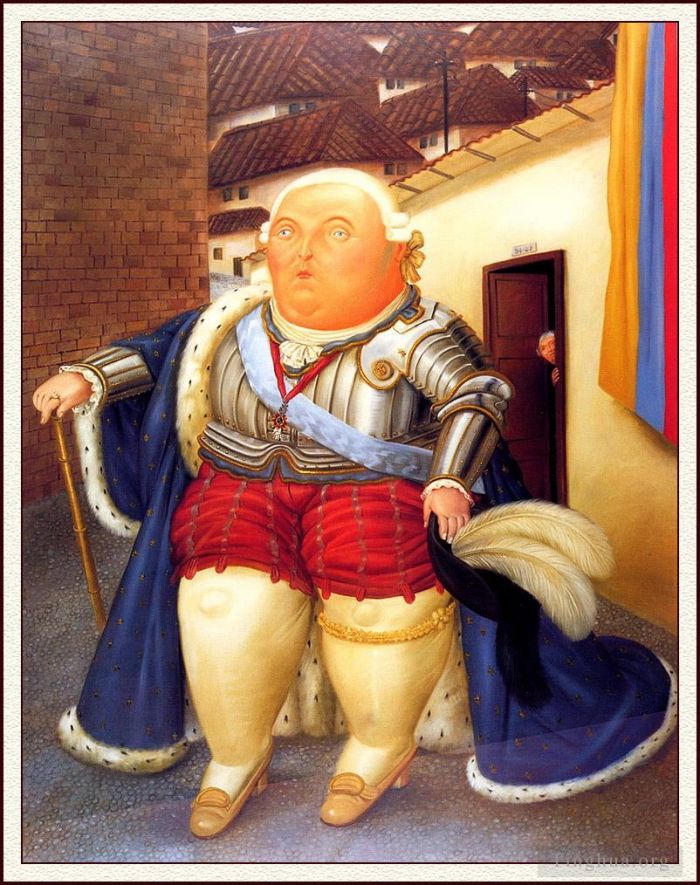 Fernando Botero's Contemporary Oil Painting - Louis XVI on a Visit to Medellin