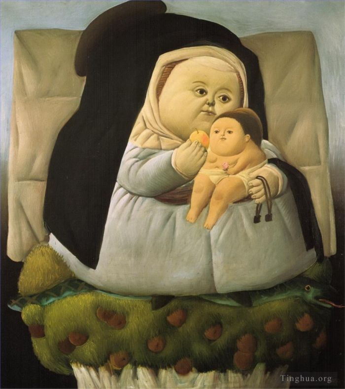 Fernando Botero's Contemporary Oil Painting - Madonna with Child