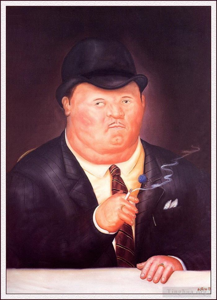 Fernando Botero's Contemporary Oil Painting - Man Smoking
