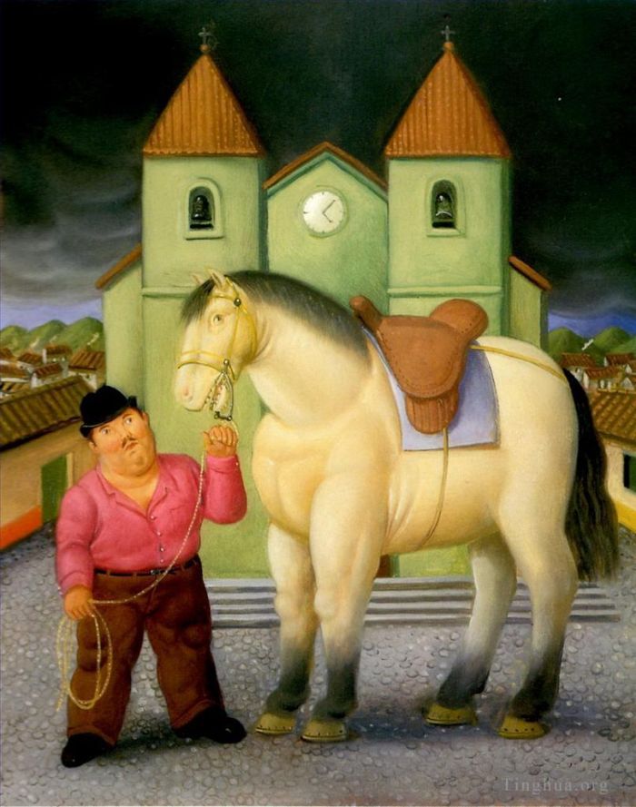 Fernando Botero's Contemporary Oil Painting - Man and Horse 2