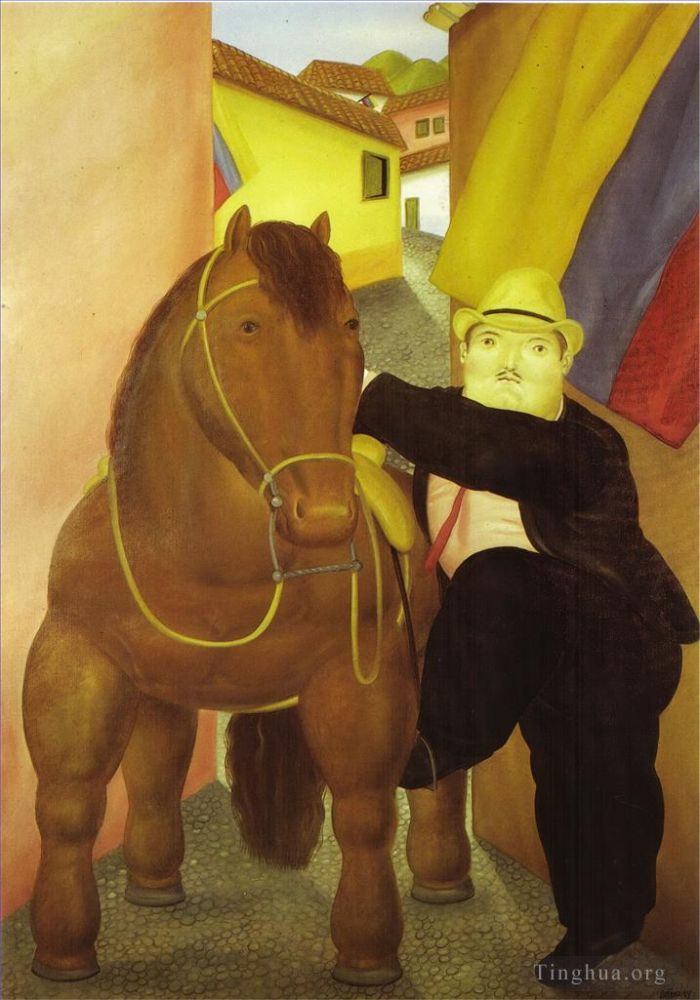 Fernando Botero's Contemporary Oil Painting - Man and Horse