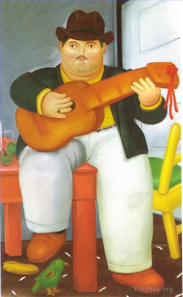 Fernando Botero's Contemporary Oil Painting - Man with a Guitar