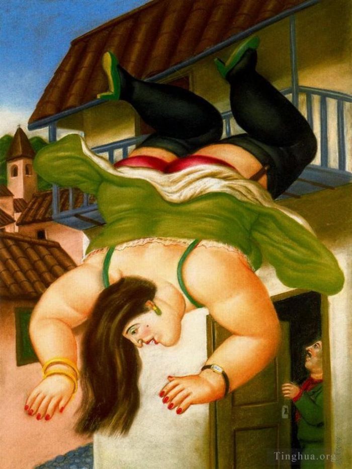 Fernando Botero's Contemporary Oil Painting - Mujer cayendo de un balcon