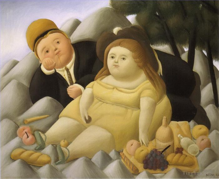 Fernando Botero's Contemporary Oil Painting - Picnic in the Mountains