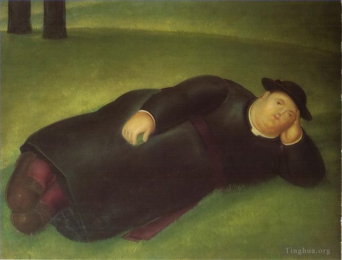 Fernando Botero's Contemporary Oil Painting - Priest Extends