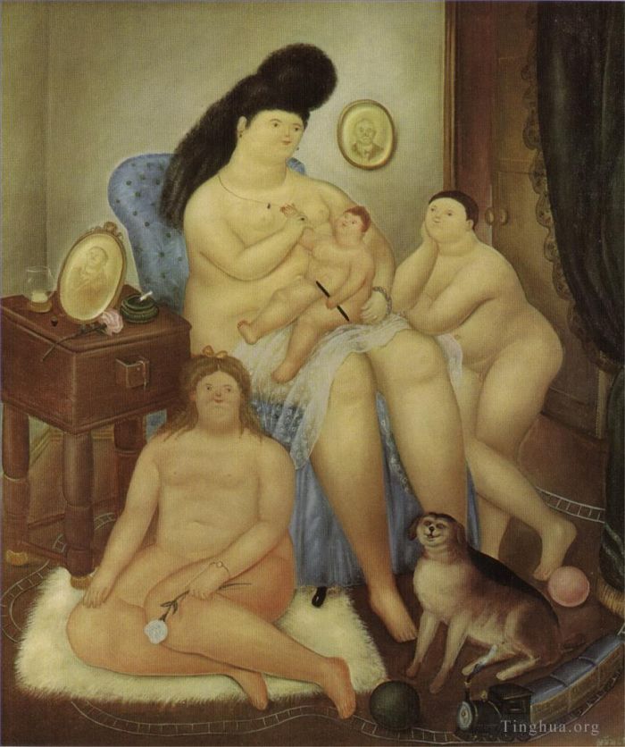 Fernando Botero's Contemporary Oil Painting - Protestant family