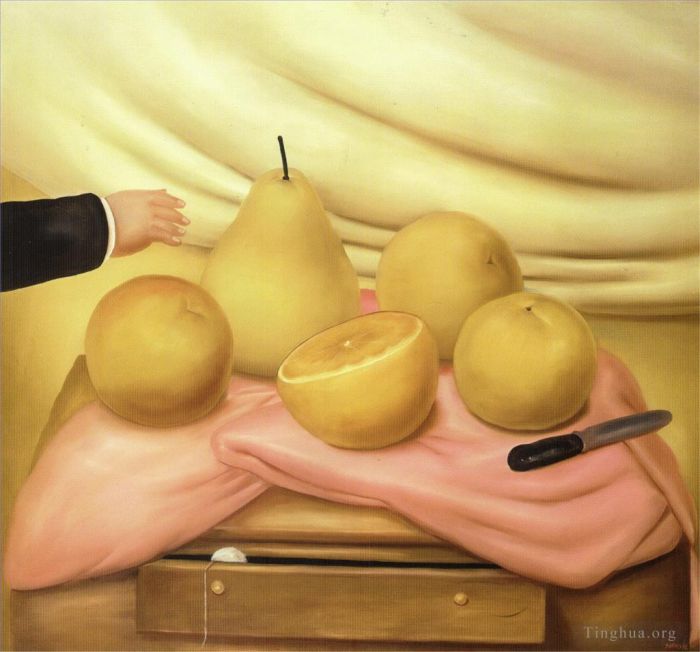 Fernando Botero's Contemporary Oil Painting - Still Life with Fruits
