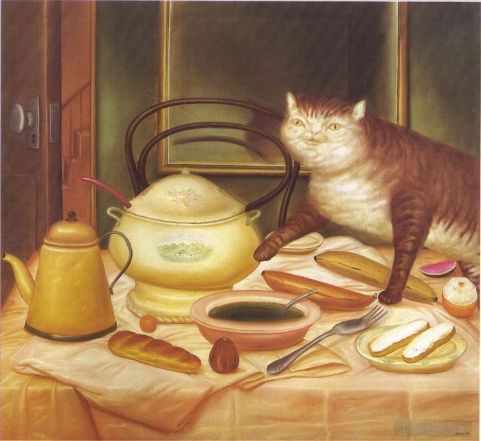 Fernando Botero's Contemporary Oil Painting - Still Life with Green Soup