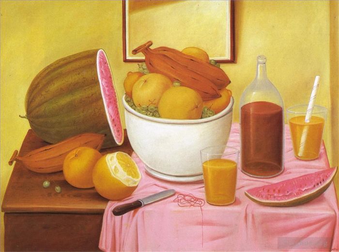 Fernando Botero's Contemporary Oil Painting - Still Life with Orangeade