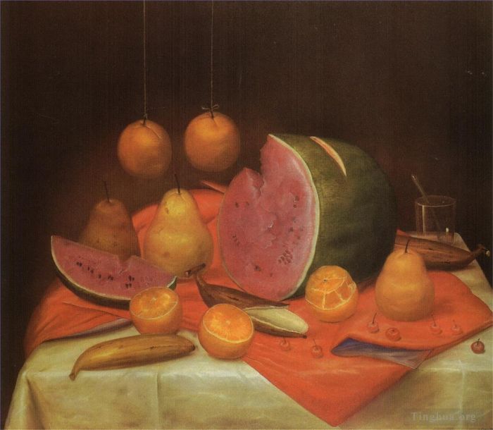 Fernando Botero's Contemporary Oil Painting - Still Life with Watermelon 2