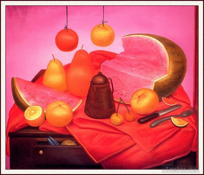 Fernando Botero's Contemporary Oil Painting - Still Life with Watermelon