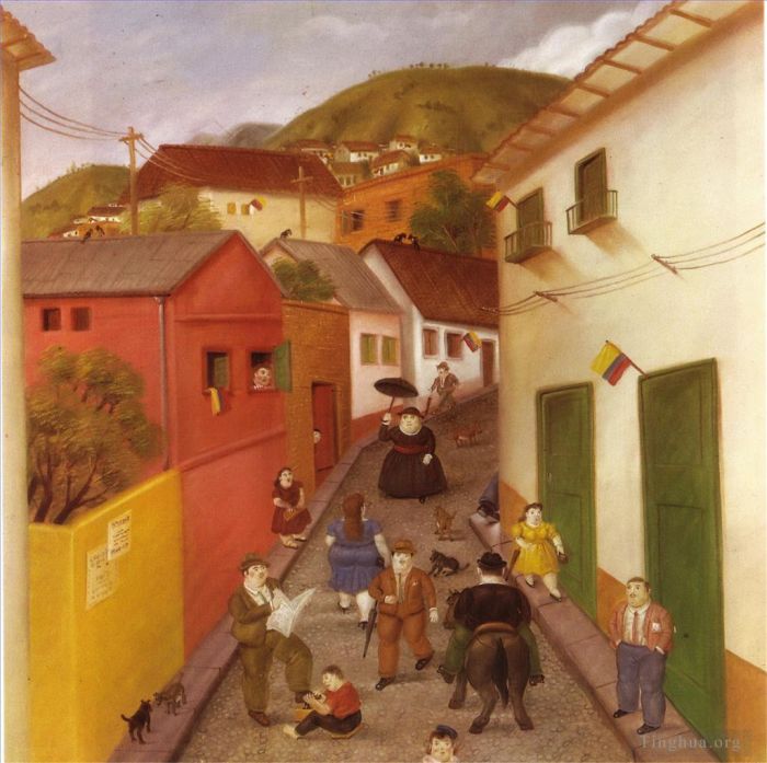 Fernando Botero's Contemporary Oil Painting - The Street