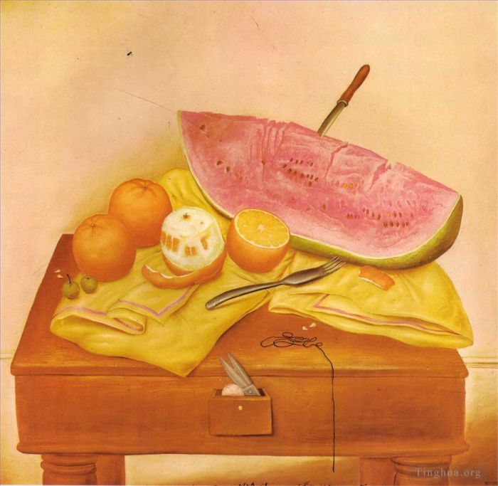 Fernando Botero's Contemporary Oil Painting - Watermelons and Oranges