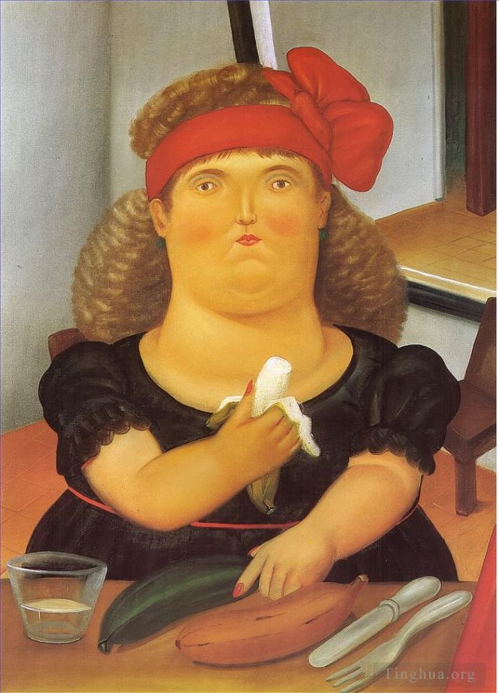 Fernando Botero's Contemporary Oil Painting - Woman Eating a Bannana