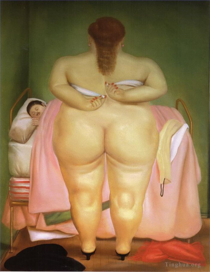 Fernando Botero's Contemporary Oil Painting - Woman Stapling Her Bra