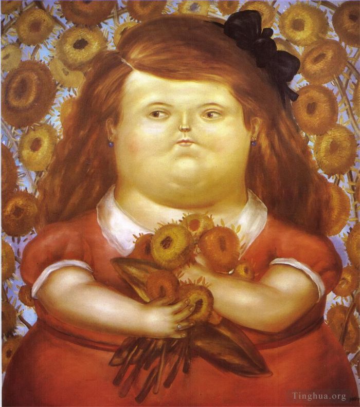 Fernando Botero's Contemporary Oil Painting - Woman with Flowers