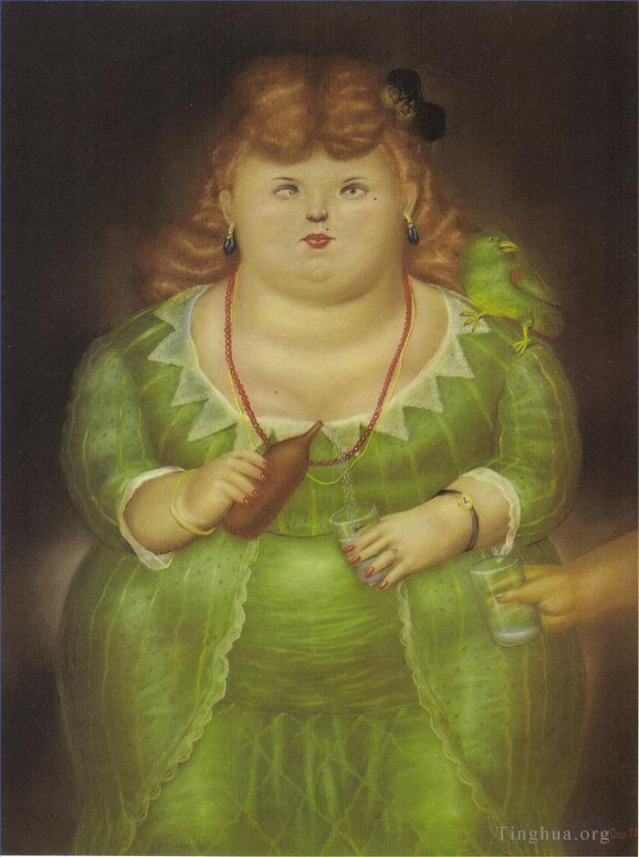 Fernando Botero's Contemporary Oil Painting - Woman with a Parrot