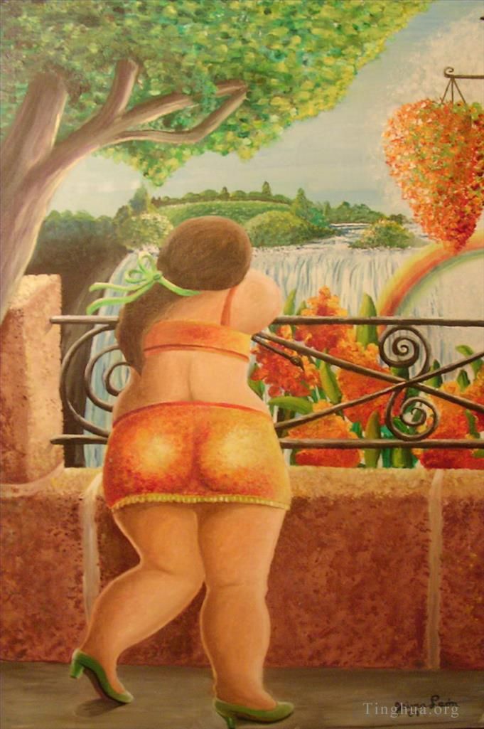 Fernando Botero's Contemporary Oil Painting - Woman on handrail