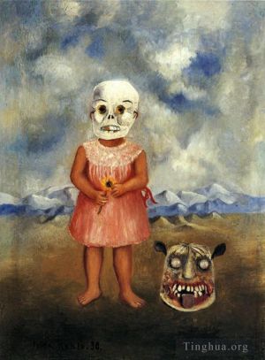Contemporary Oil Painting - Girl with Death Mask She Plays Alone
