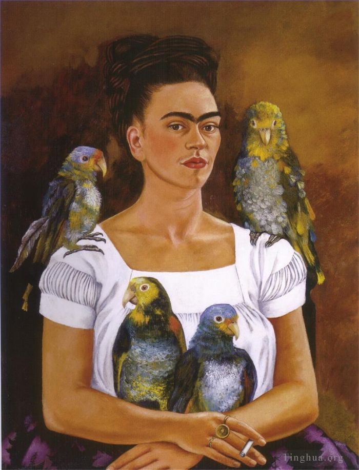 Frida Kahlo's Contemporary Oil Painting - Me and My Parrots