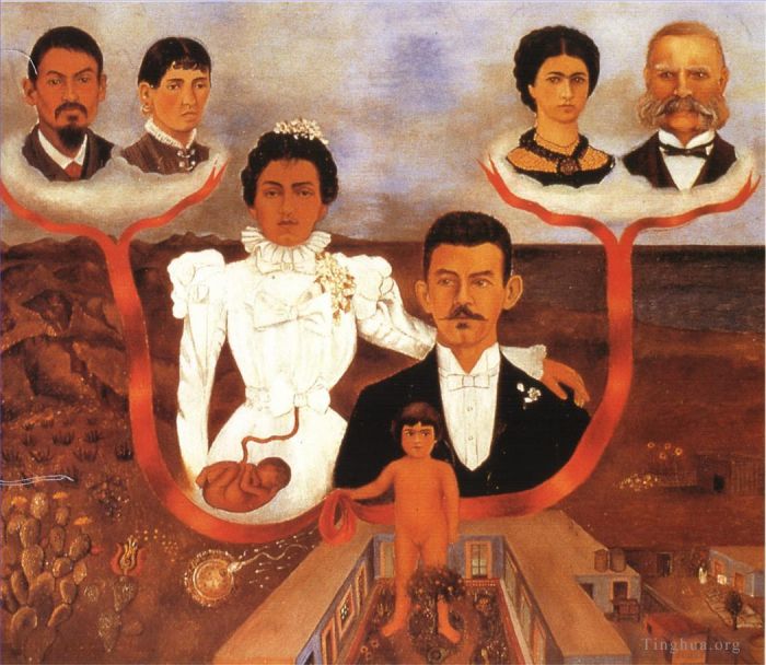 Frida Kahlo's Contemporary Oil Painting - My Grandparents My Parents and Me