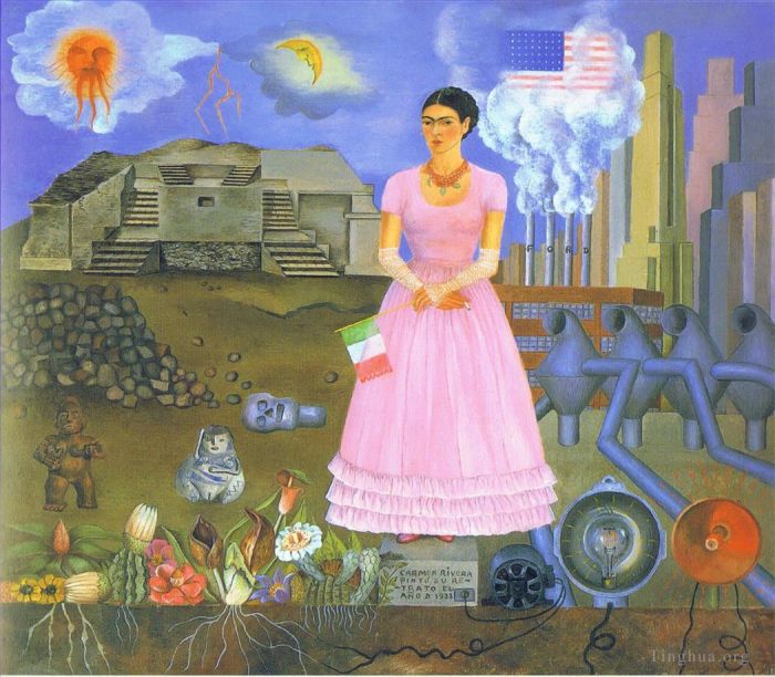 Frida Kahlo's Contemporary Oil Painting - Self Portrait Along the Borderline Between Mexico and the United States