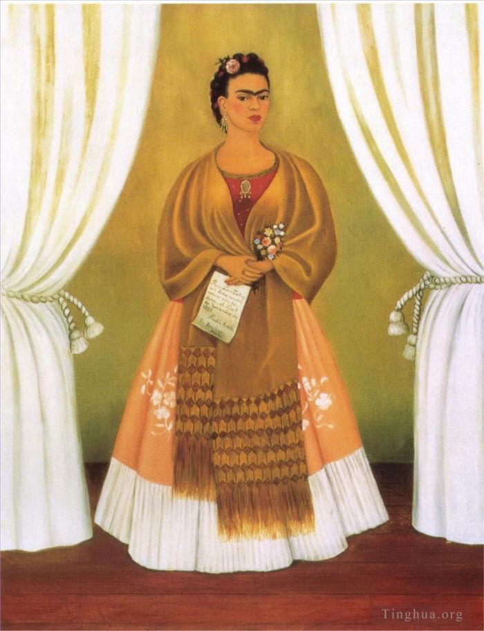 Frida Kahlo's Contemporary Oil Painting - Self Portrait Dedicated tomLeon Trotsky Between the Curtains