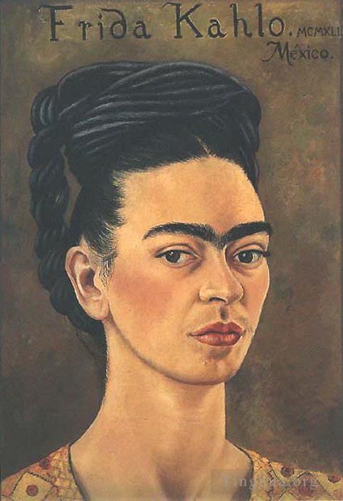 Frida Kahlo's Contemporary Oil Painting - Self Portrait in Red and Gold Dress