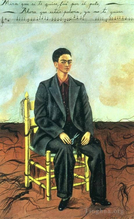 Frida Kahlo's Contemporary Oil Painting - Self Portrait with Cropped Hair
