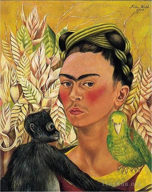 Frida Kahlo's Contemporary Oil Painting - Self Portrait with Monkey and Parrot